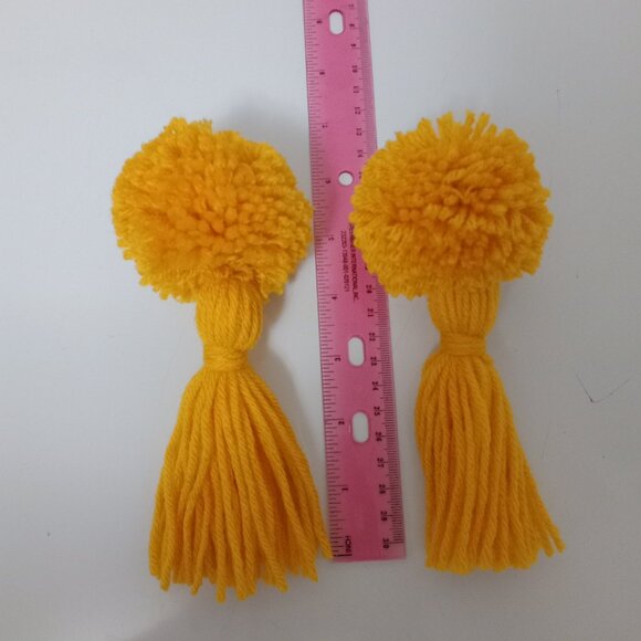 Boho Chic Yellow Pom Pom Tassel Earrings Handmade Statement Jewelry - Picture 7 of 7